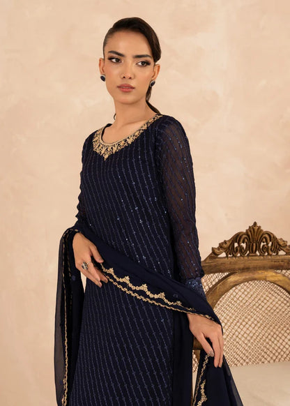 MYRA luxury NAVY Blue chiffon Embroidered womenswear 3 piece ready to wear suit (Watch video)