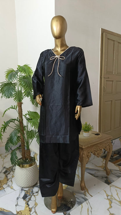 Kalpana 3 piece ready to wear Farshi shalwar silk outfit with Ruffle Duppatta women wear