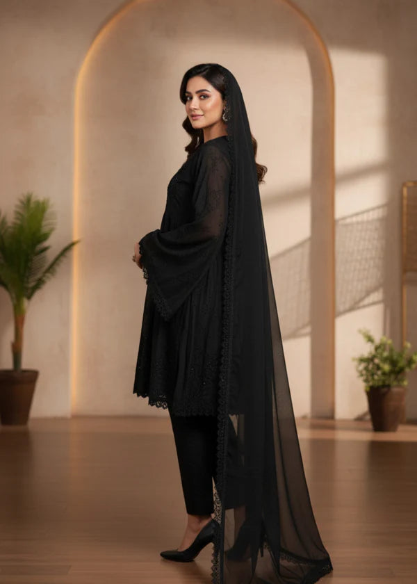 SHABNOOR 3-PIECE LAYERED CHIKANKARI Chiffon FROCK BLACK Luxury classy style 3 piece ready to wear traditional embroidered asian suit stylish womenswear outfit