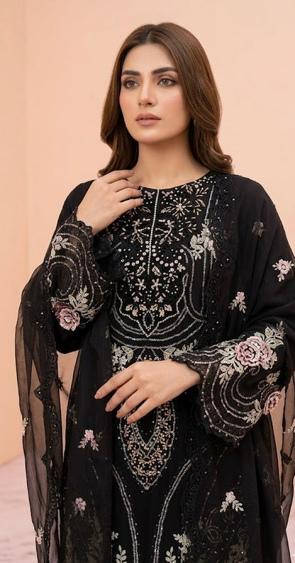 GULNOOR Luxury classy BLACK Chiffon 3D Heavy work 3 piece ready to wear traditional embroidered asian stylish womenswear outfit
