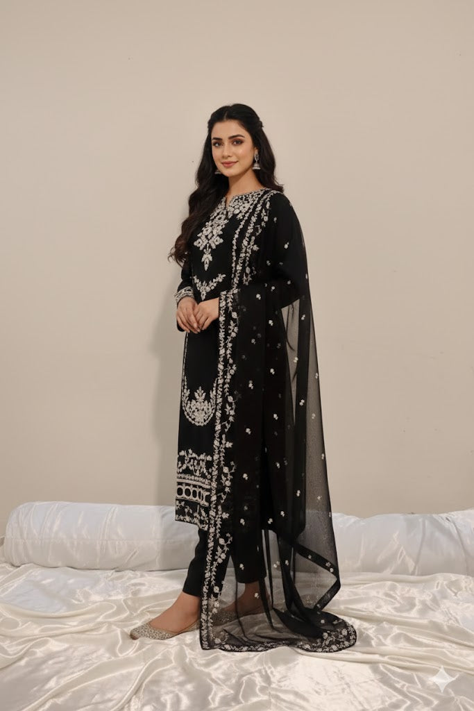 AREEBA Heavy Handwork Shirt front Neck Chiffon 3 piece ready to wear traditional suit