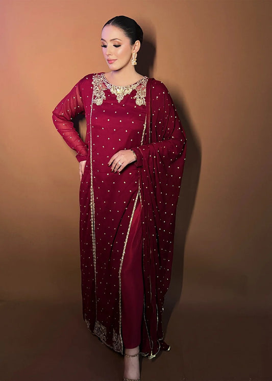 Chantae Slit style chiffon Embroidered womenswear 3 piece ready to wear suit - Mehroon colour