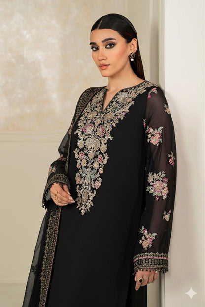 Humara Luxury BLACK classy Chiffon Heavy embroidered Neckline 3 piece ready to wear traditional embroidered asian stylish womenswear outfit - (Watch video)