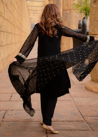 SAJAL BLACK Luxury classy style Chiffon 3 piece ready to wear traditional embroidered asian suit stylish womenswear outfit - Shirt Length 39”-40”