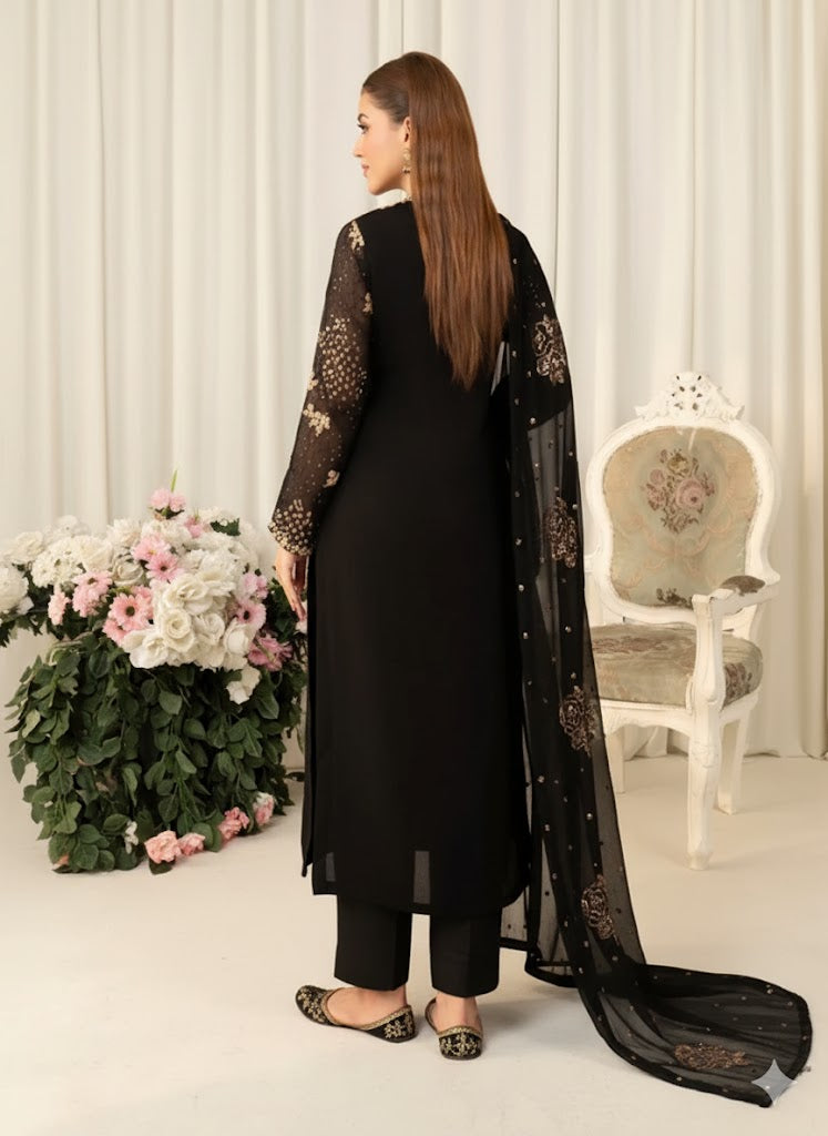 FARI Heavy sequence Luxury chiffon Embroidered womenswear 3 piece ready to wear suit (Black)