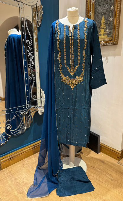 Bluey Silk 3 piece ready to wear traditional handwork stylish womenswear outfit