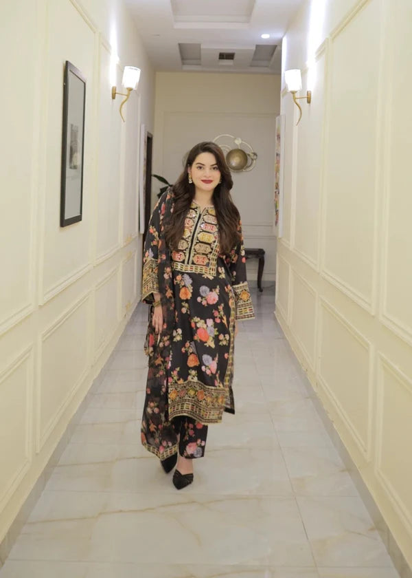 ROONI BLACK Silk 3 piece ready to wear Printed & Embroidered traditional handwork stylish womenswear outfit