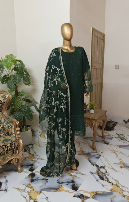 PRL GREEN Chiffon 3 piece ready to wear traditional suit - women wear - embroidered shirt & Duppatta - Katan Silk Trouser