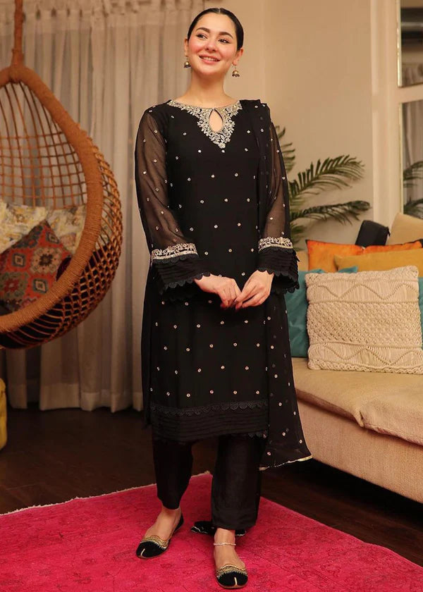 SAJAL BLACK Luxury classy style Chiffon 3 piece ready to wear traditional embroidered asian suit stylish womenswear outfit - Shirt Length 39”-40”