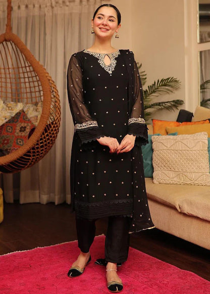 SAJAL BLACK Luxury classy style Chiffon 3 piece ready to wear traditional embroidered asian suit stylish womenswear outfit - Shirt Length 39”-40”