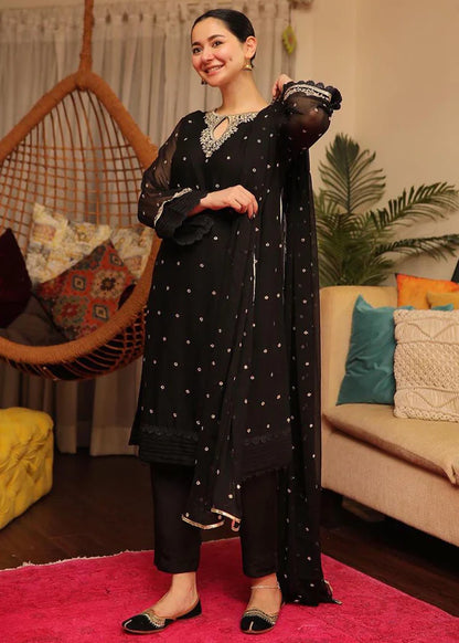 SAJAL BLACK Luxury classy style Chiffon 3 piece ready to wear traditional embroidered asian suit stylish womenswear outfit - Shirt Length 39”-40”