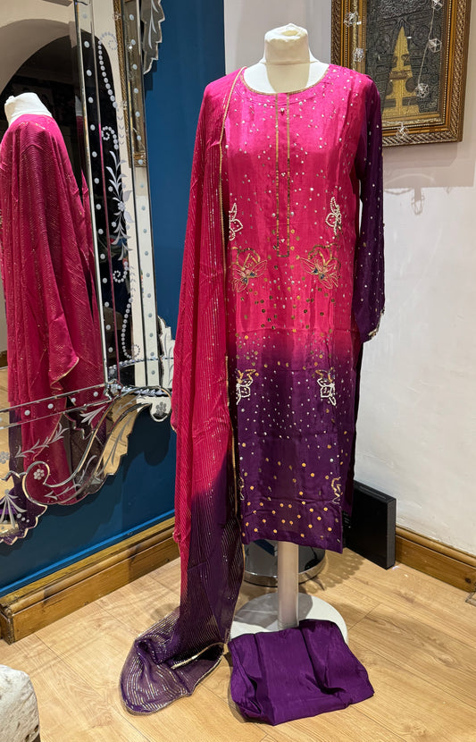 Pinky Silk 3 piece ready to wear double shade traditional handwork stylish womenswear outfit