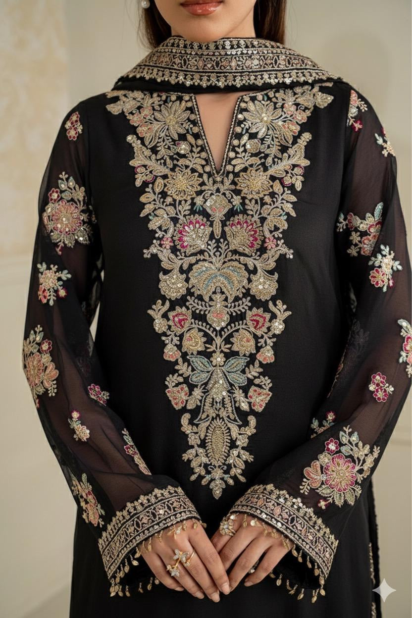 Humara Luxury BLACK classy Chiffon Heavy embroidered Neckline 3 piece ready to wear traditional embroidered asian stylish womenswear outfit - (Watch video)
