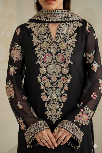 Humara Luxury BLACK classy Chiffon Heavy embroidered Neckline 3 piece ready to wear traditional embroidered asian stylish womenswear outfit - (Watch video)