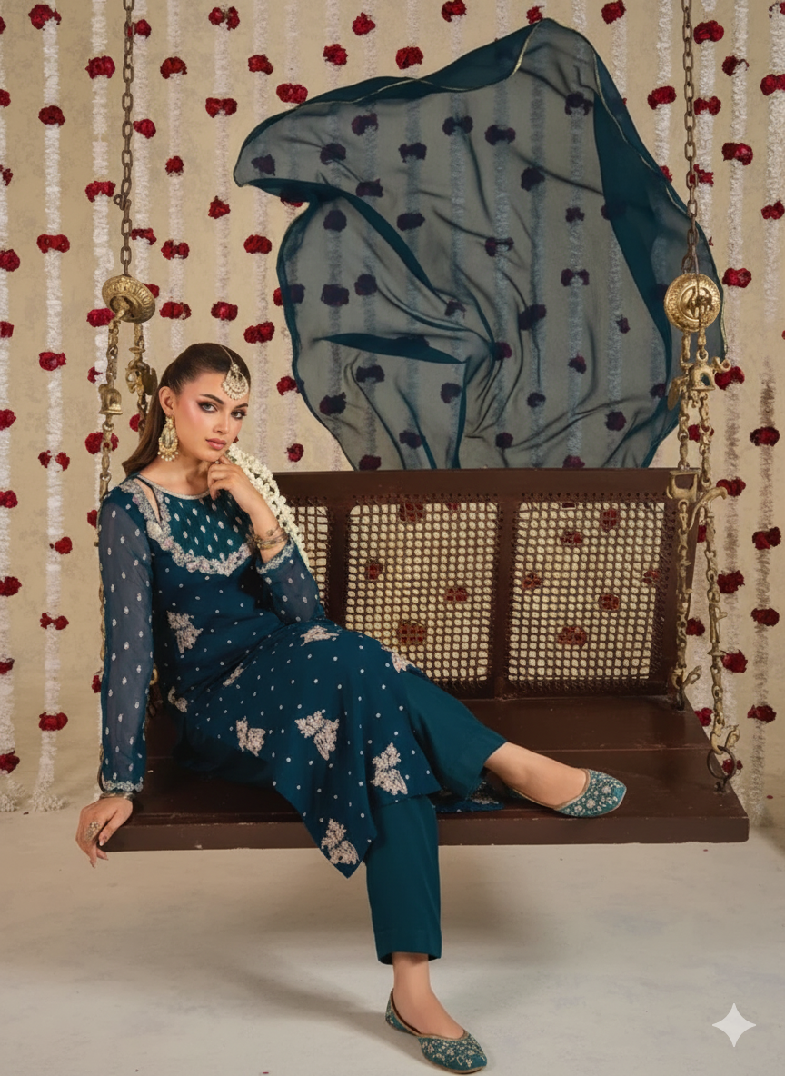 HUNOON luxury chiffon Embroidered womenswear 3 piece ready to wear suit (Watch video)
