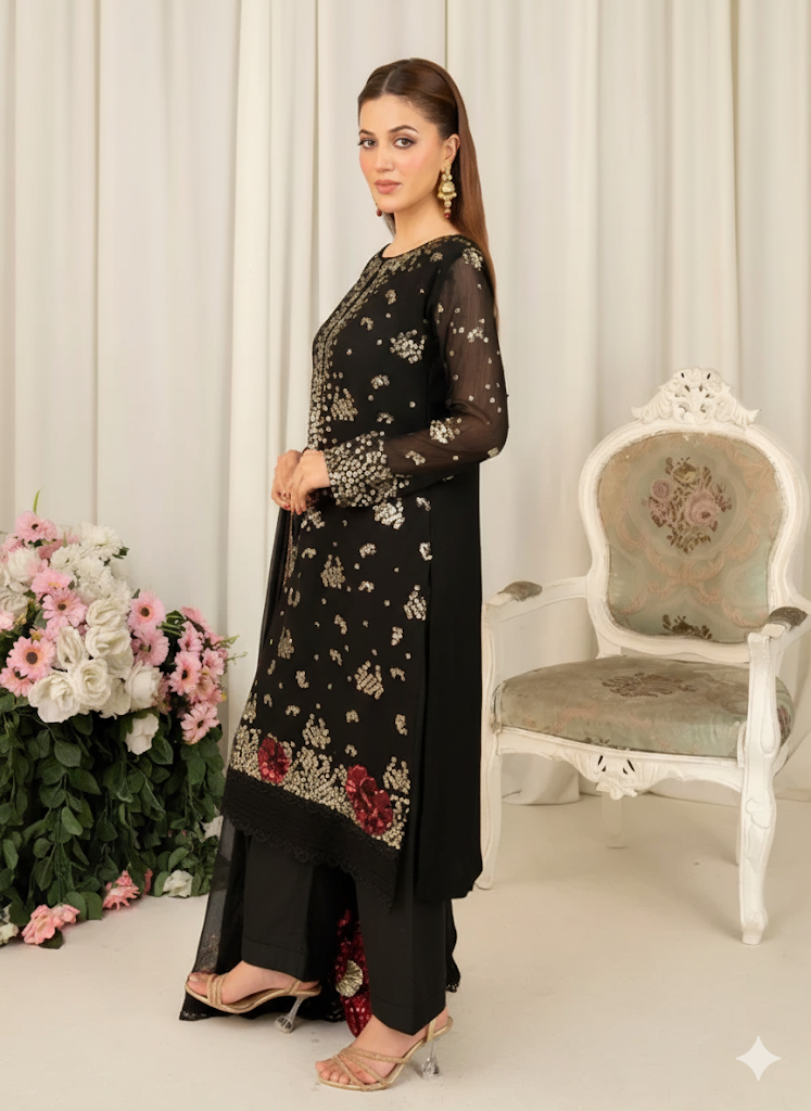 Guncha Luxury chiffon Embroidered womenswear 3 piece ready to wear suit (Black)