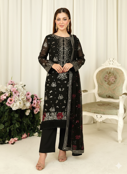 Guncha Luxury chiffon Embroidered womenswear 3 piece ready to wear suit (Black)