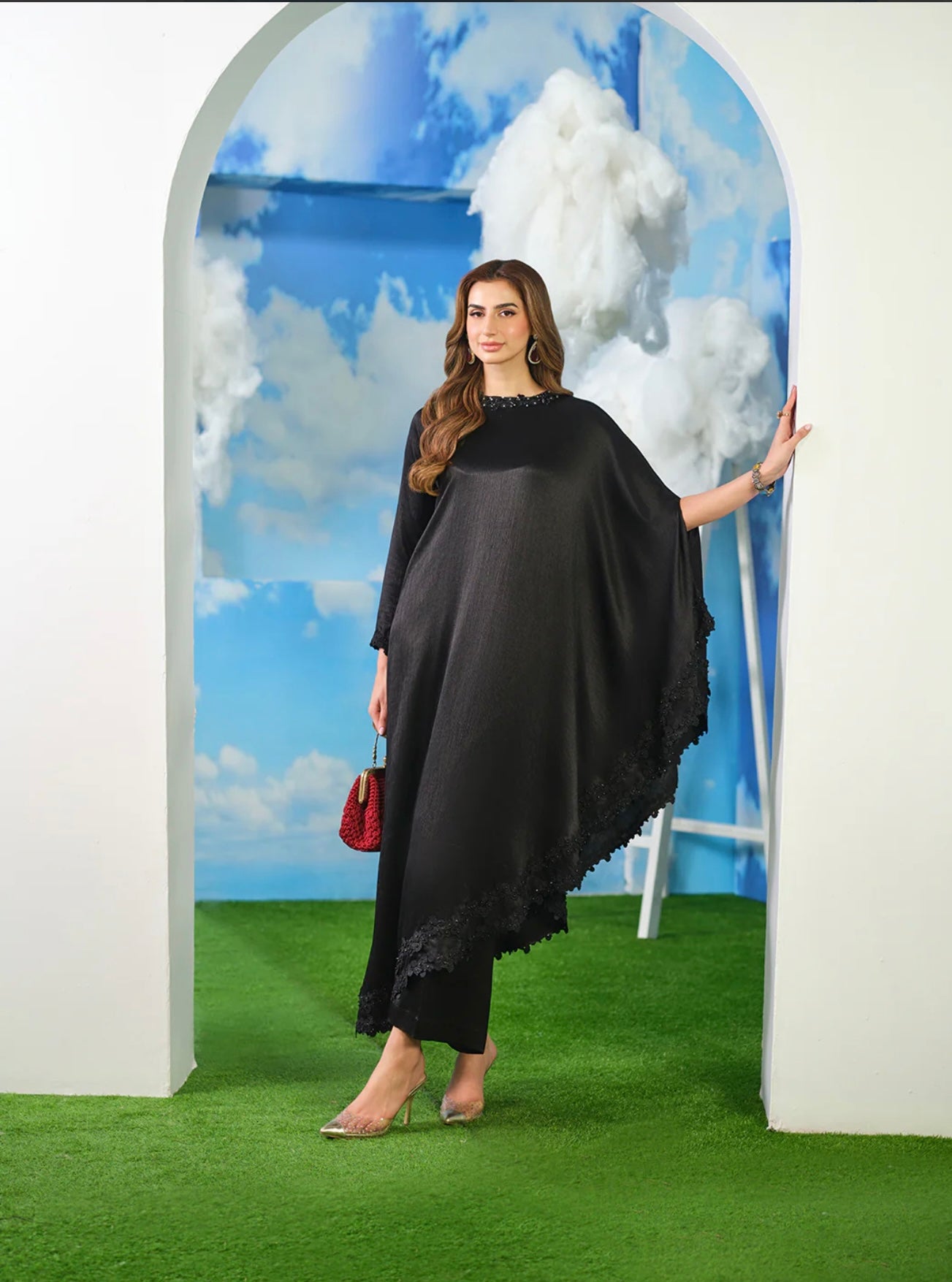 ANNIE Luxury Black Crinkle Silk Cape 2 piece ready to wear Stylish embroidered modern western eastern womenswear outfit