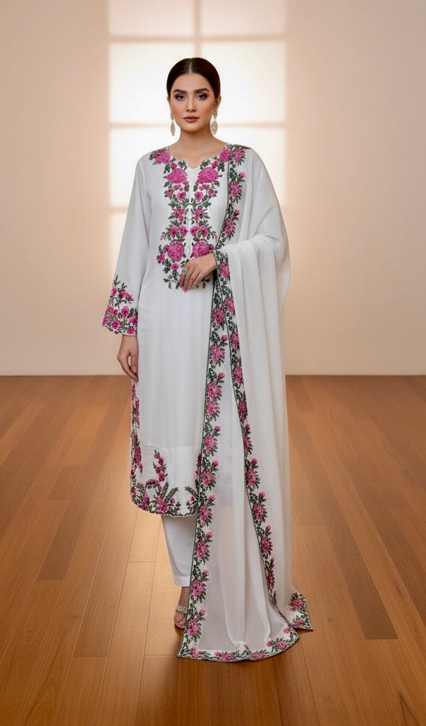 Zimal Multicolour thread embroidered Shirt front Chiffon 3 piece ready to wear traditional suit with thread embroidered Duppatta