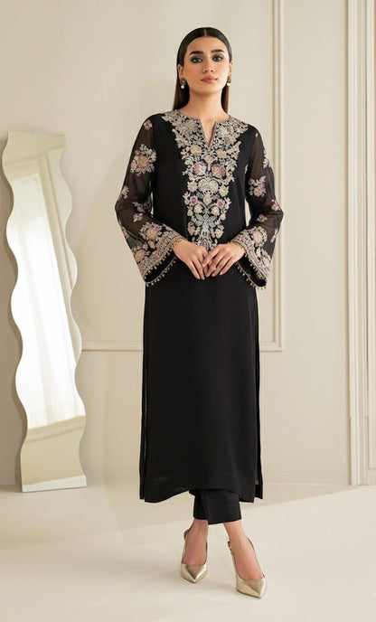 Humara Luxury BLACK classy Chiffon Heavy embroidered Neckline 3 piece ready to wear traditional embroidered asian stylish womenswear outfit - (Watch video)