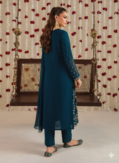 HUNOON luxury chiffon Embroidered womenswear 3 piece ready to wear suit (Watch video)