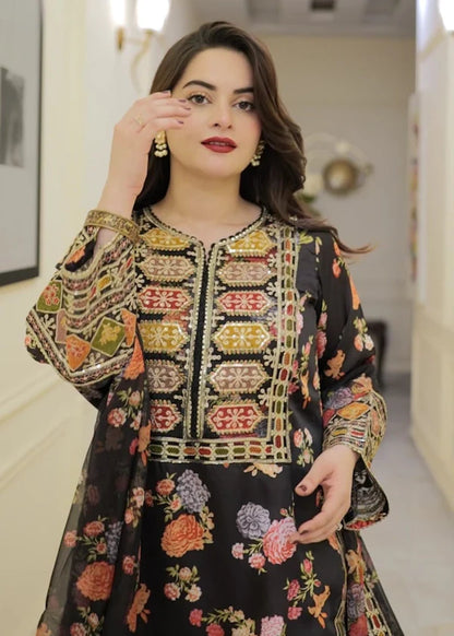 ROONI BLACK Silk 3 piece ready to wear Printed & Embroidered traditional handwork stylish womenswear outfit