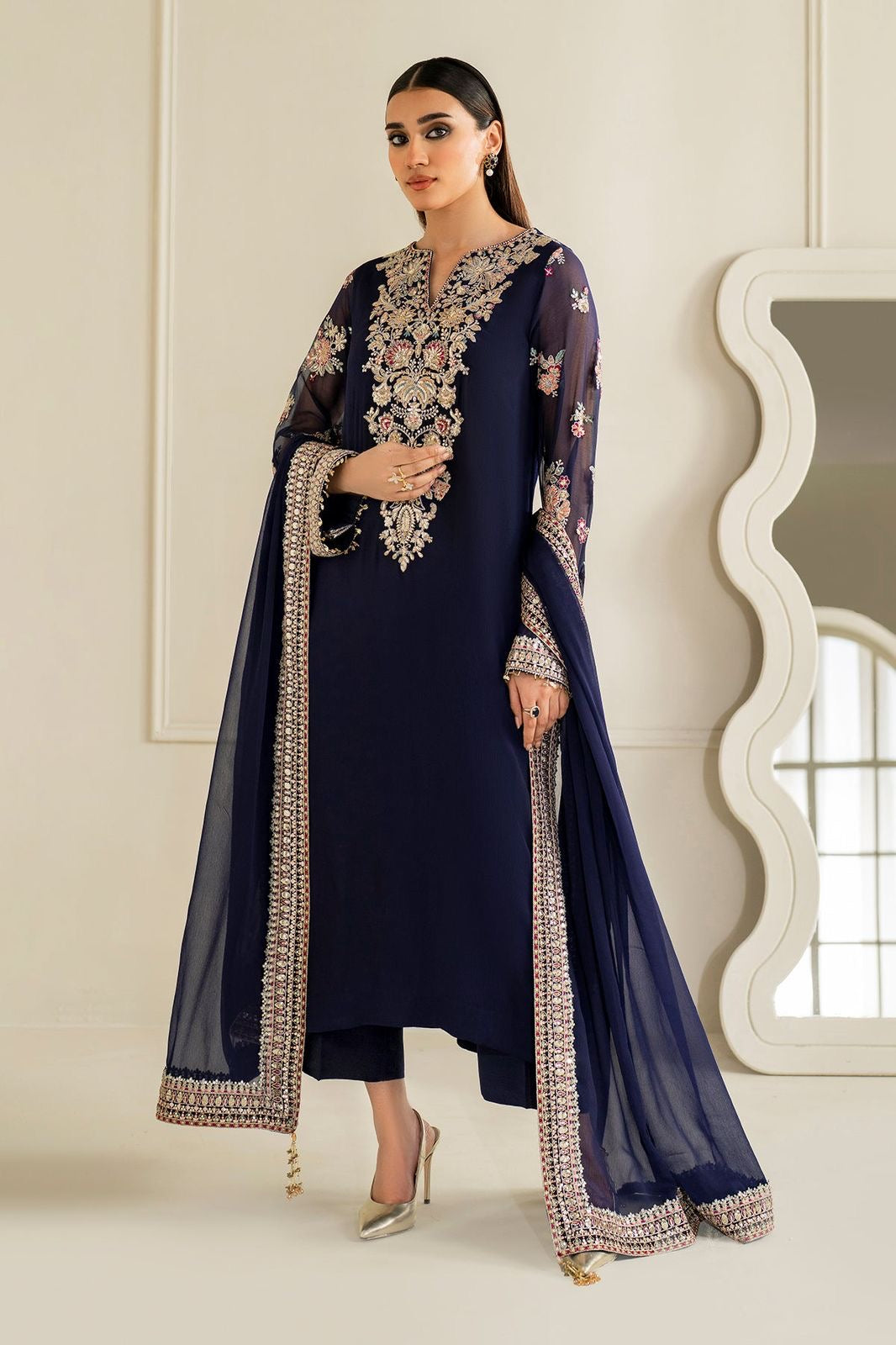 Robina Luxury Blue classy Chiffon Heavy embroidered Neckline 3 piece ready to wear traditional embroidered asian stylish womenswear outfit - Watch video