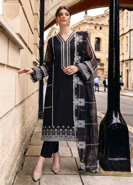 Amaryllis Luxury Black Embroidered Bemberg Crinkle Chiffon Long Kurta Suit Ready to Wear Pakistani Festive Party Wear Women's Outfit - Shirt Length 43”-44”
