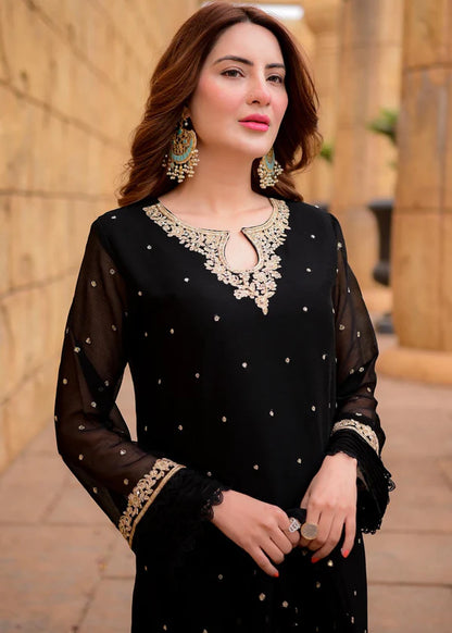 SAJAL BLACK Luxury classy style Chiffon 3 piece ready to wear traditional embroidered asian suit stylish womenswear outfit - Shirt Length 39”-40”
