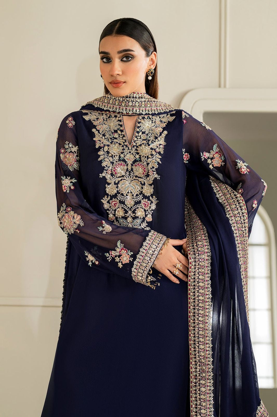 Robina Luxury Blue classy Chiffon Heavy embroidered Neckline 3 piece ready to wear traditional embroidered asian stylish womenswear outfit - Watch video