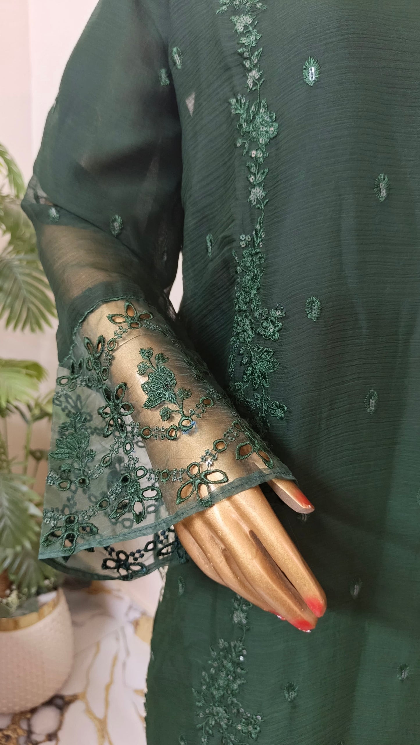 PRL GREEN Chiffon 3 piece ready to wear traditional suit - women wear - embroidered shirt & Duppatta - Katan Silk Trouser