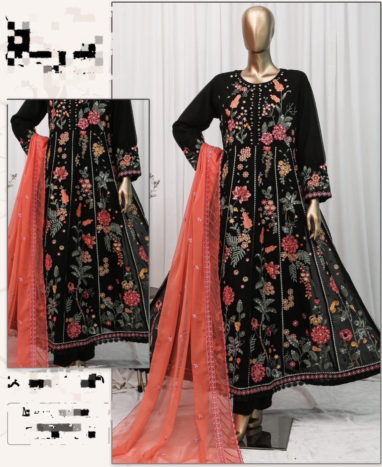 Bina Black Chiffon heavy embroidered Maxi 3 piece ready to wear traditional womenswear outfit