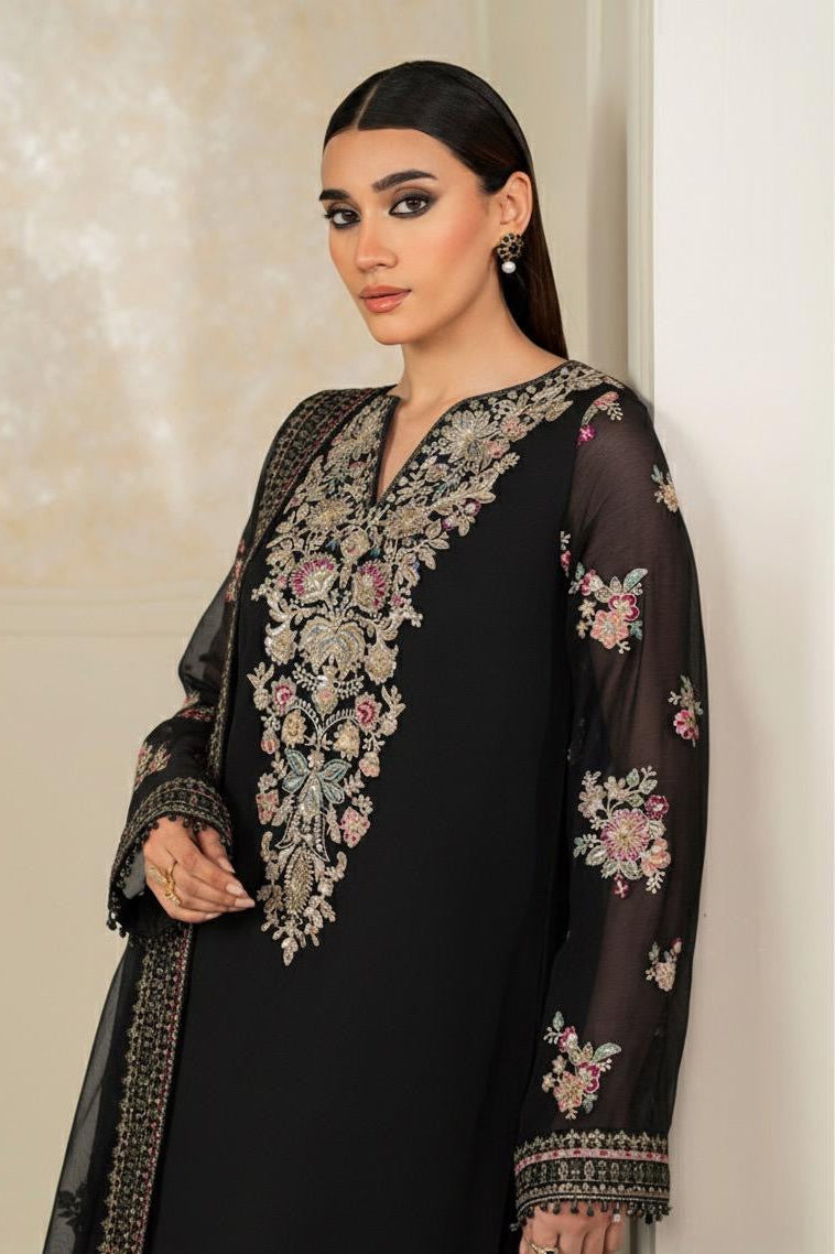 Humara Luxury BLACK classy Chiffon Heavy embroidered Neckline 3 piece ready to wear traditional embroidered asian stylish womenswear outfit - (Watch video)