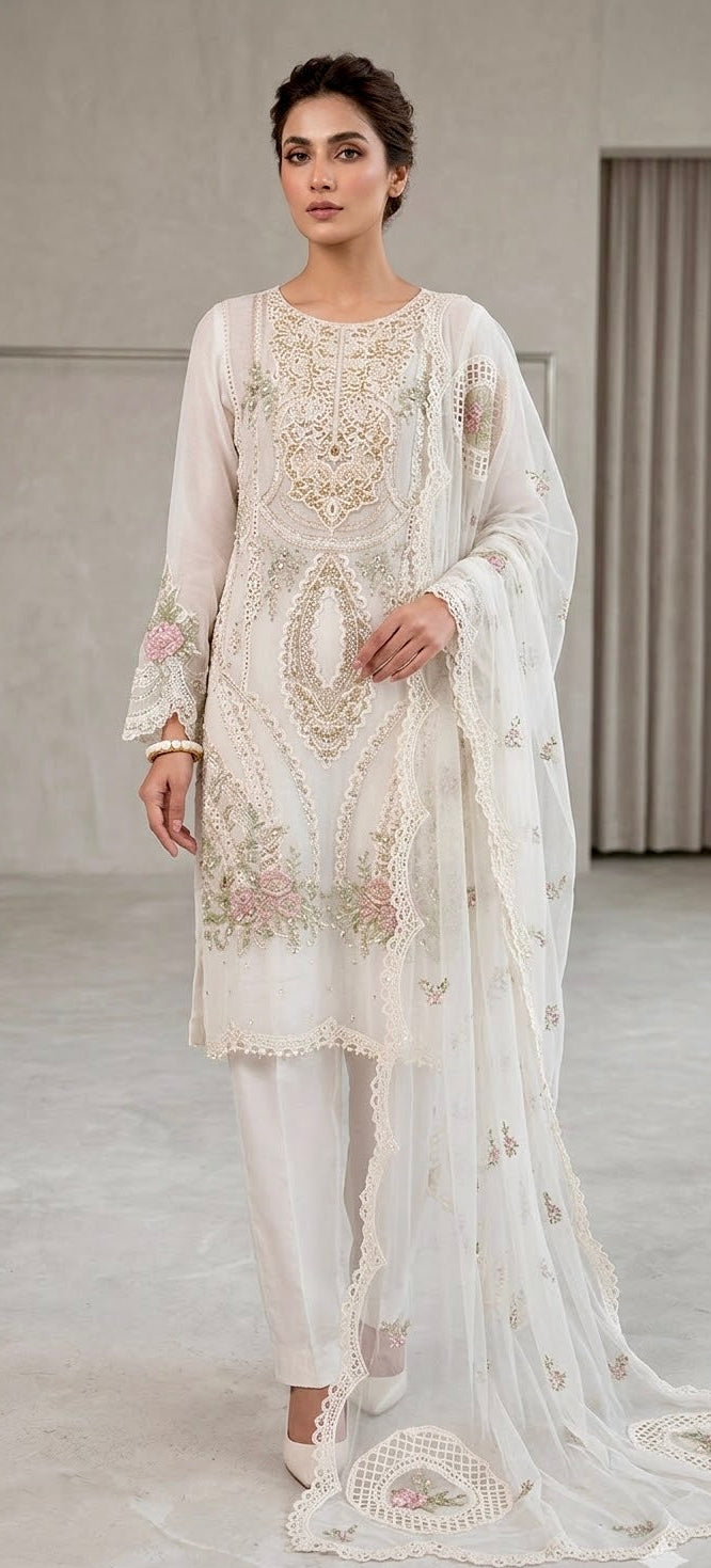 NOOR JAHAN Luxury classy Chiffon 3D Heavy work 3 piece ready to wear traditional embroidered asian stylish womenswear outfit - (Watch video)