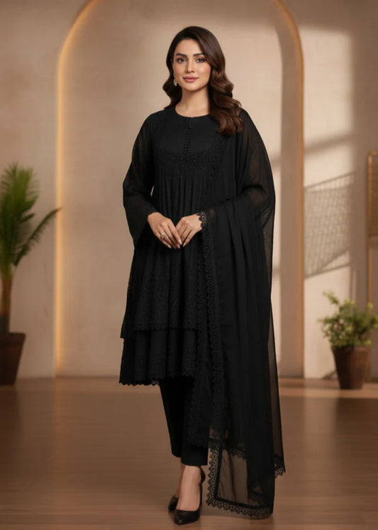 SHABNOOR 3-PIECE LAYERED CHIKANKARI Chiffon FROCK BLACK Luxury classy style 3 piece ready to wear traditional embroidered asian suit stylish womenswear outfit