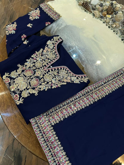 Robina Luxury Blue classy Chiffon Heavy embroidered Neckline 3 piece ready to wear traditional embroidered asian stylish womenswear outfit - Watch video