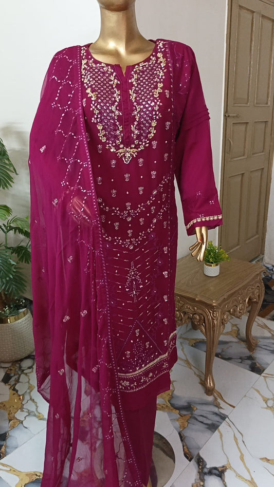 Sadaf Handwork Shirt front Chiffon 3 piece ready to wear traditional suit