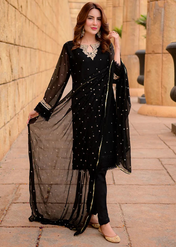SAJAL BLACK Luxury classy style Chiffon 3 piece ready to wear traditional embroidered asian suit stylish womenswear outfit - Shirt Length 39”-40”