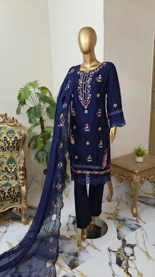 Anaya Handwork with 3D flower on Shirt front Chiffon 3 piece ready to wear traditional suit with cut work Duppatta