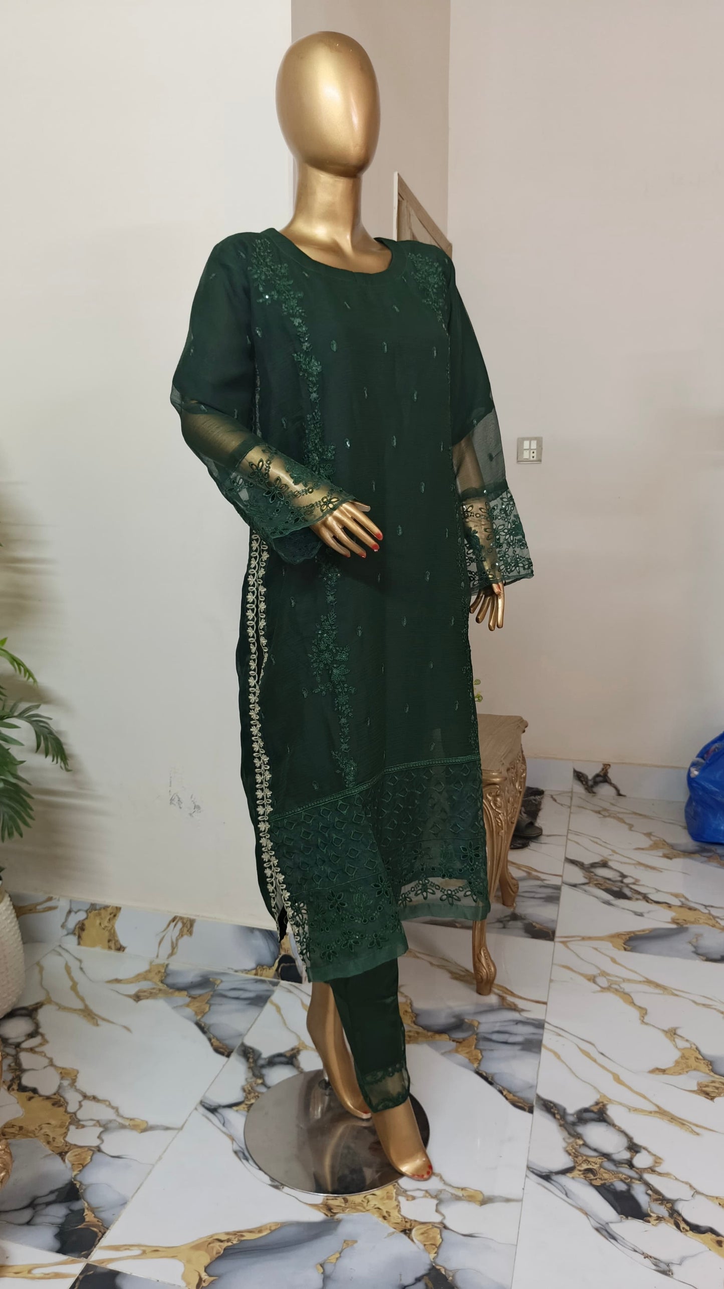 PRL GREEN Chiffon 3 piece ready to wear traditional suit - women wear - embroidered shirt & Duppatta - Katan Silk Trouser