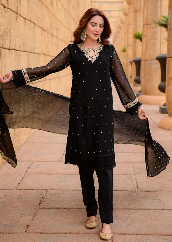 SAJAL BLACK Luxury classy style Chiffon 3 piece ready to wear traditional embroidered asian suit stylish womenswear outfit - Shirt Length 39”-40”