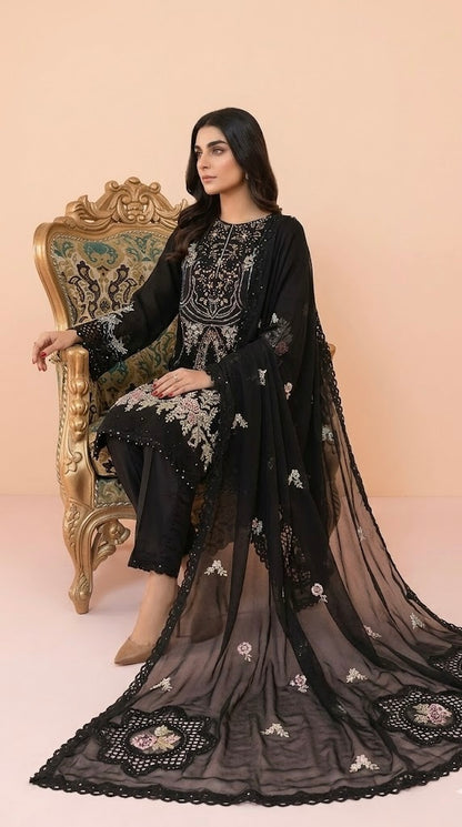 GULNOOR Luxury classy BLACK Chiffon 3D Heavy work 3 piece ready to wear traditional embroidered asian stylish womenswear outfit