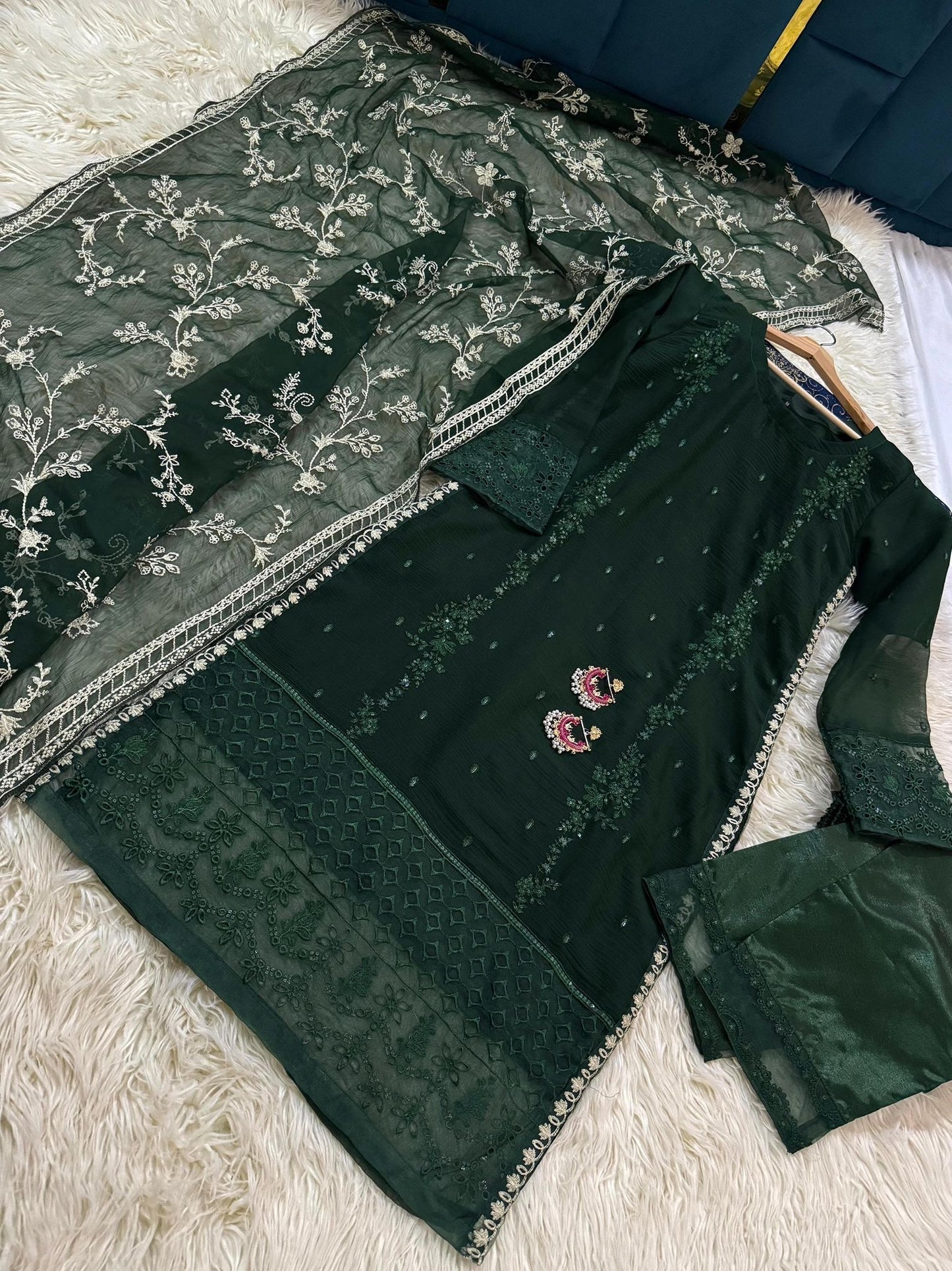 PRL GREEN Chiffon 3 piece ready to wear traditional suit - women wear - embroidered shirt & Duppatta - Katan Silk Trouser