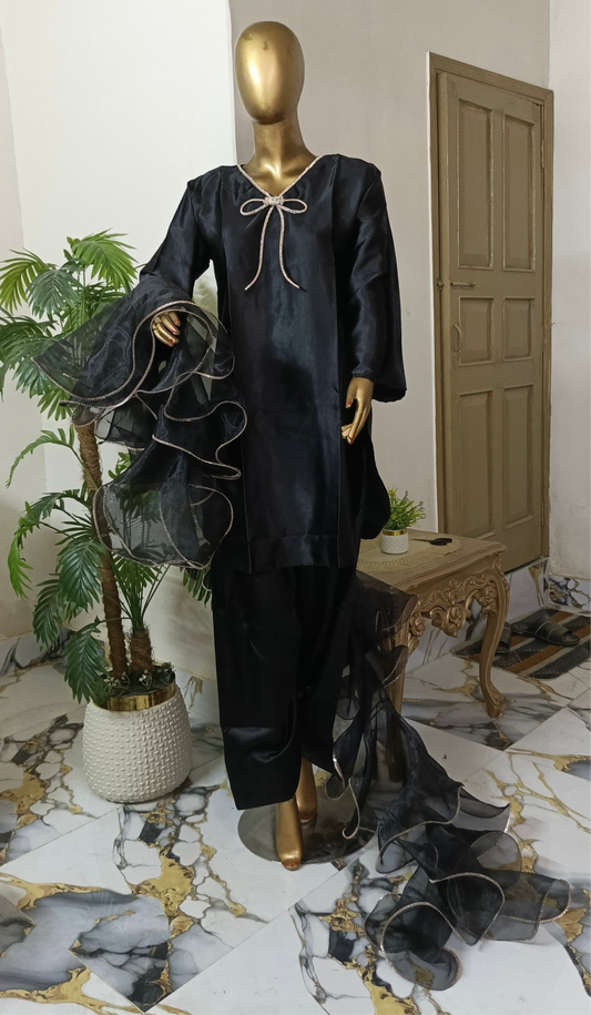 Kalpana 3 piece ready to wear Farshi shalwar silk outfit with Ruffle Duppatta women wear