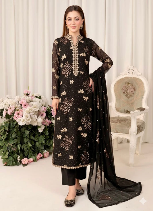 FARI Heavy sequence Luxury chiffon Embroidered womenswear 3 piece ready to wear suit (Black)