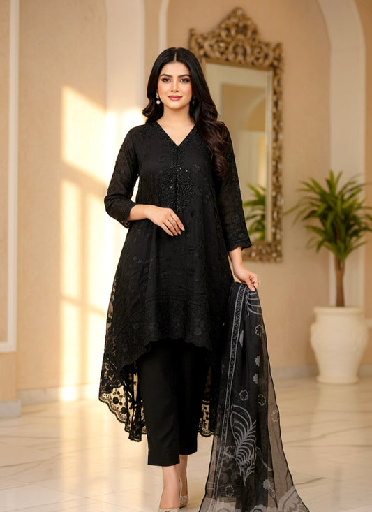 Kawal Luxury classy Chiffon 3 piece ready to wear High-Low Short Frock traditional embroidered asian stylish womenswear outfit