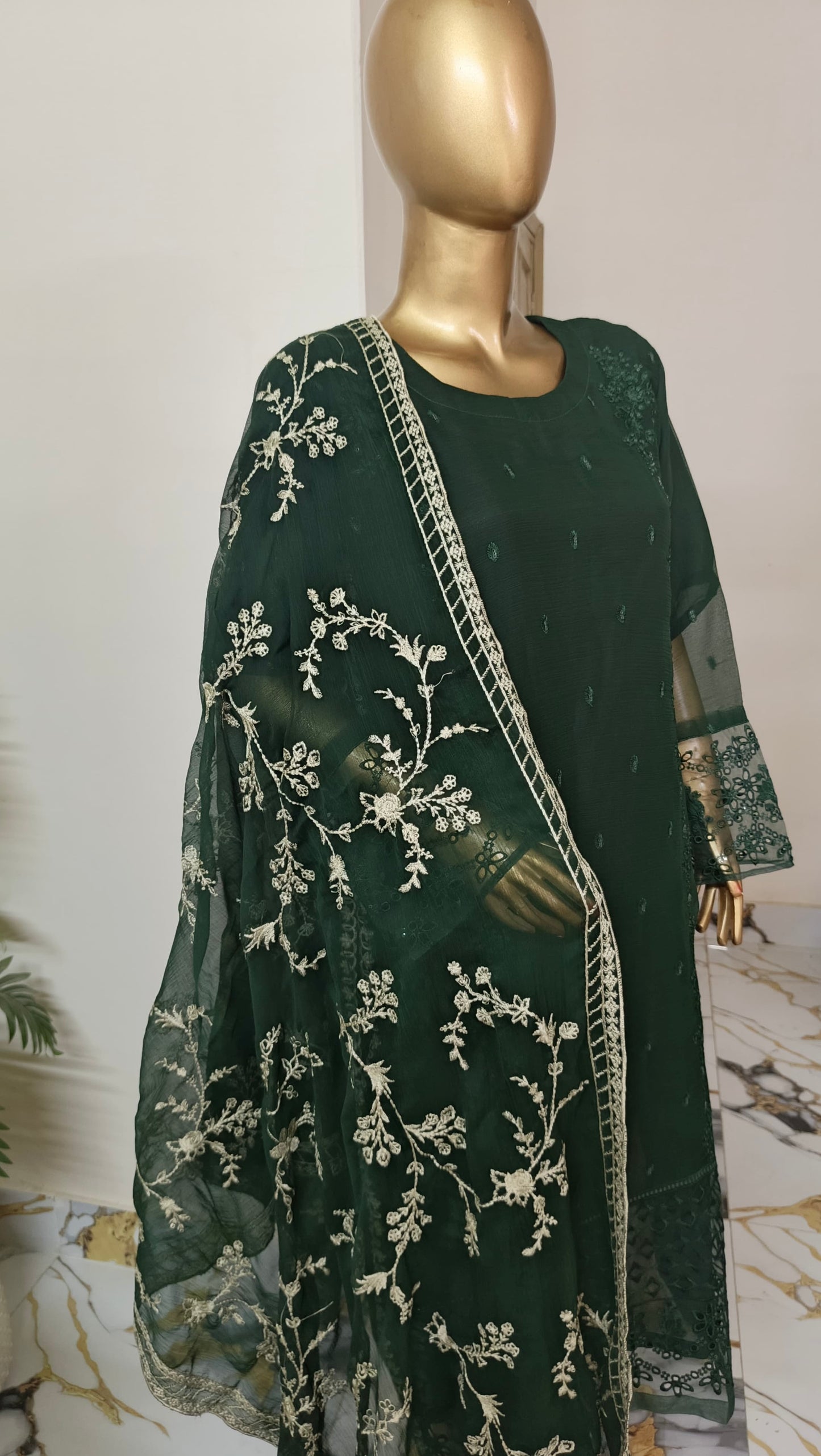 PRL GREEN Chiffon 3 piece ready to wear traditional suit - women wear - embroidered shirt & Duppatta - Katan Silk Trouser