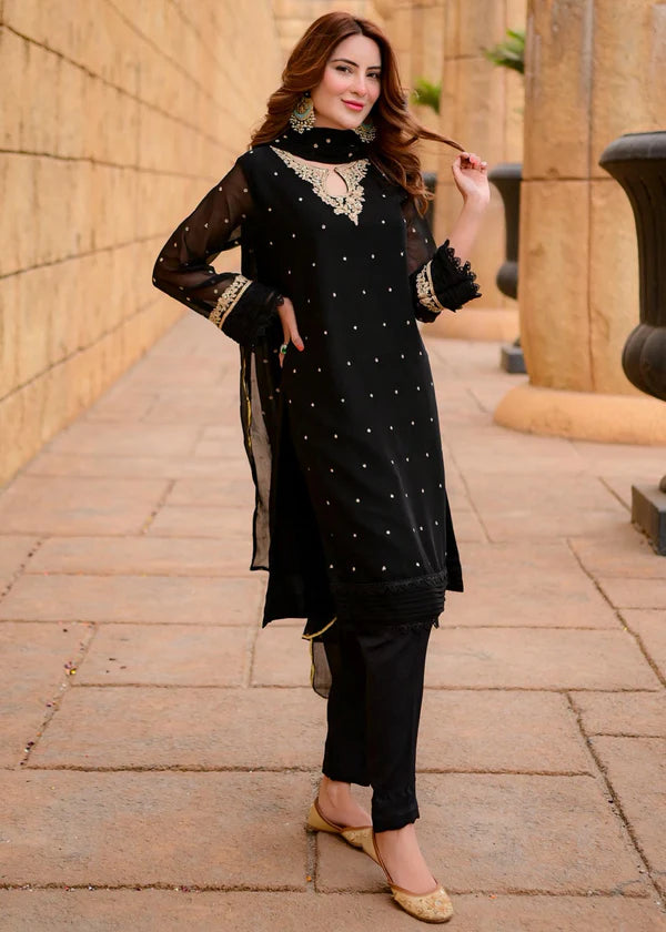 SAJAL BLACK Luxury classy style Chiffon 3 piece ready to wear traditional embroidered asian suit stylish womenswear outfit - Shirt Length 39”-40”
