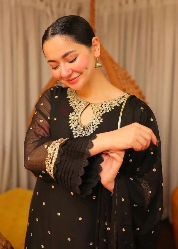 SAJAL BLACK Luxury classy style Chiffon 3 piece ready to wear traditional embroidered asian suit stylish womenswear outfit - Shirt Length 39”-40”