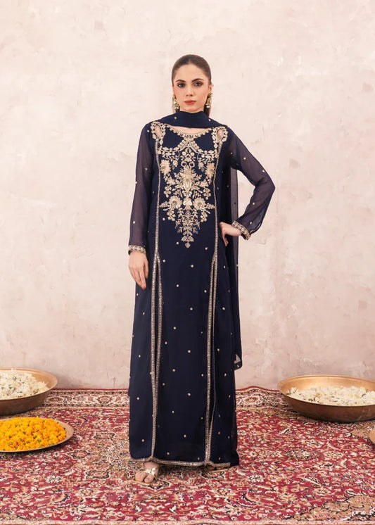 LULU (Blue) Slit style chiffon (watch video) Embroidered womenswear 3 piece ready to wear suit